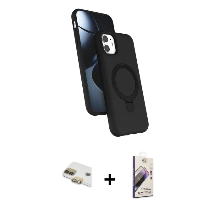 MARSİLYAN™- iPhone 11 Kılıf İz Işık Koleksiyonu - Siyah Bilvis 3D Mat Cam Ekran Koruyucu + Pers Alüminyum Kamera Lens - GD