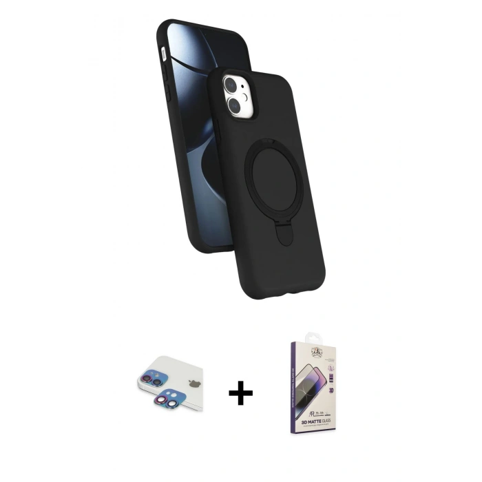 MARSİLYAN™- iPhone 11 Kılıf İz Işık Koleksiyonu - Siyah Bilvis 3D Mat Cam Ekran Koruyucu + Pers Alüminyum Kamera Lens - GI
