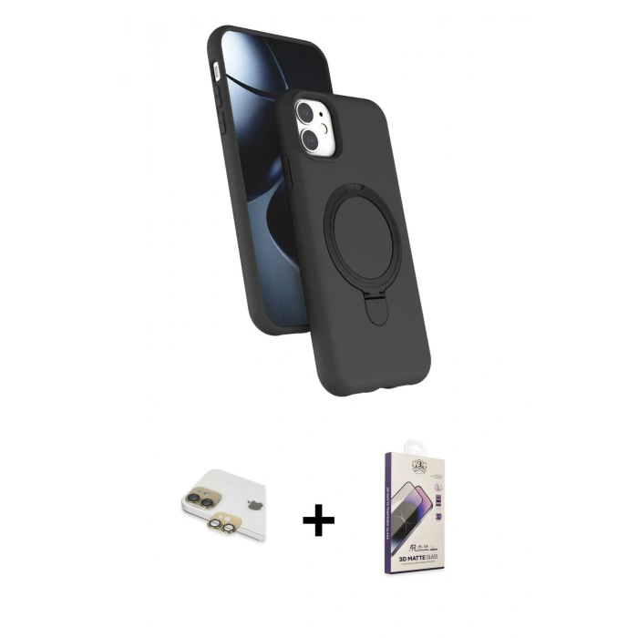 MARSİLYAN™- iPhone 11 Kılıf İz Işık Koleksiyonu - Siyah Bilvis 3D Mat Cam Ekran Koruyucu + Pers Alüminyum Kamera Lens - GD
