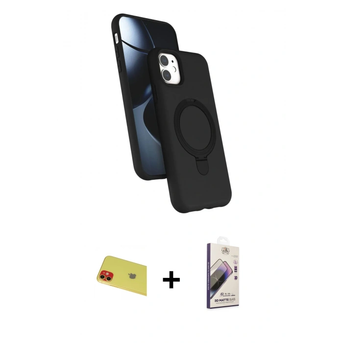 MARSİLYAN™- iPhone 11 Kılıf İz Işık Koleksiyonu - Siyah Bilvis 3D Mat Cam Ekran Koruyucu + Rainbow Kamera Lens Koruma Cam - KI