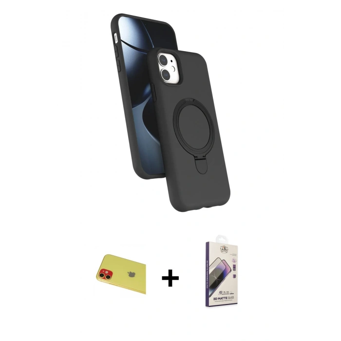 MARSİLYAN™- iPhone 11 Kılıf İz Işık Koleksiyonu - Siyah Bilvis 3D Mat Cam Ekran Koruyucu + Rainbow Kamera Lens Koruma Cam - KI
