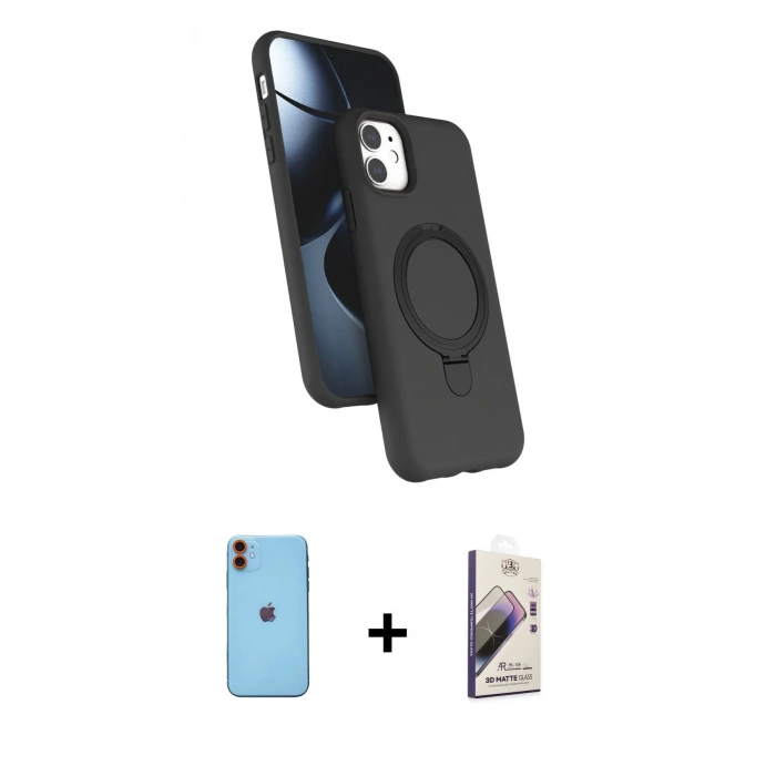 MARSİLYAN™- iPhone 11 Kılıf İz Işık Koleksiyonu - Siyah Bilvis 3D Mat Cam Ekran Koruyucu + Neon Fosforlu Kamera Lens - TU