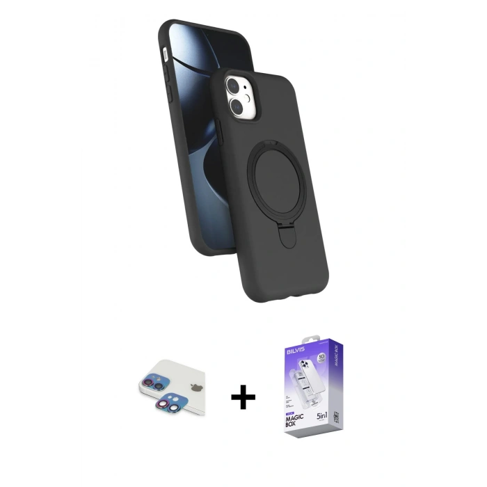MARSİLYAN™- iPhone 11 Kılıf İz Işık Koleksiyonu - Siyah Bilvis 5in1 3D Magic Cam Ekran Koruyucu + Pers Alüminyum Kamera Lens - GI