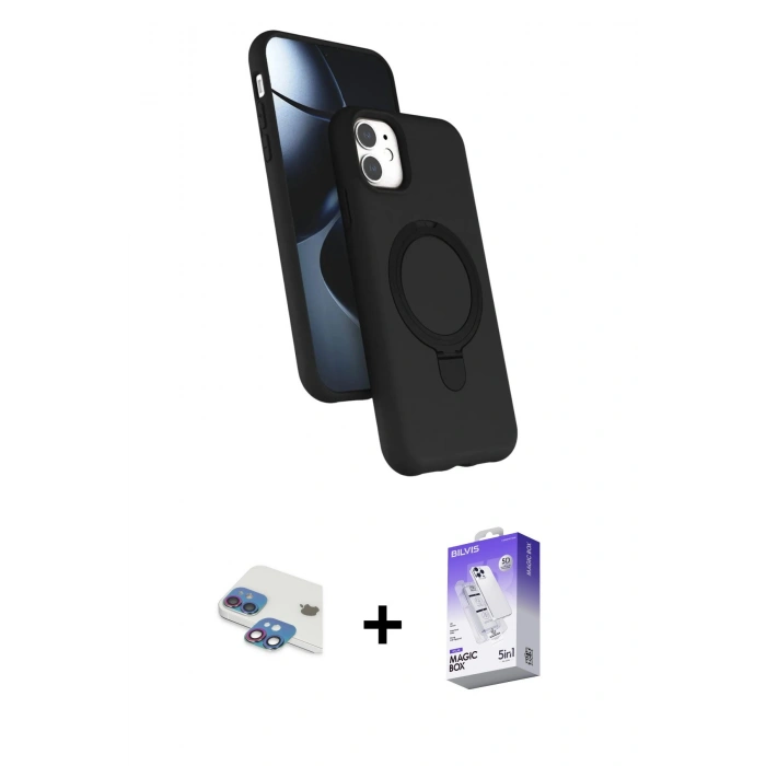 MARSİLYAN™- iPhone 11 Kılıf İz Işık Koleksiyonu - Siyah Bilvis 5in1 3D Magic Cam Ekran Koruyucu + Pers Alüminyum Kamera Lens - GI