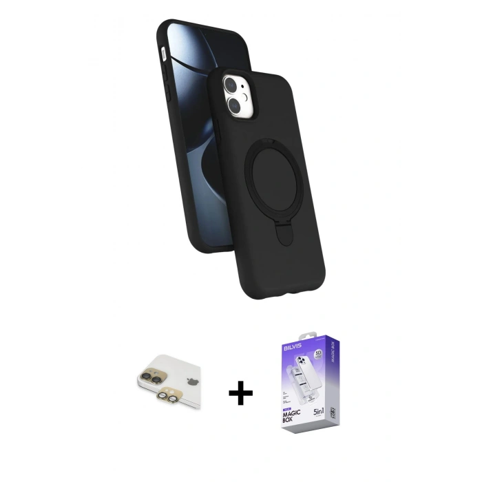 MARSİLYAN™- iPhone 11 Kılıf İz Işık Koleksiyonu - Siyah Bilvis 5in1 3D Magic Cam Ekran Koruyucu + Pers Alüminyum Kamera Lens - GD