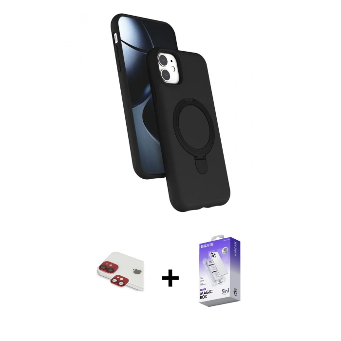 MARSİLYAN™- iPhone 11 Kılıf İz Işık Koleksiyonu - Siyah Bilvis 5in1 3D Magic Cam Ekran Koruyucu + Pers Alüminyum Kamera Lens - KI