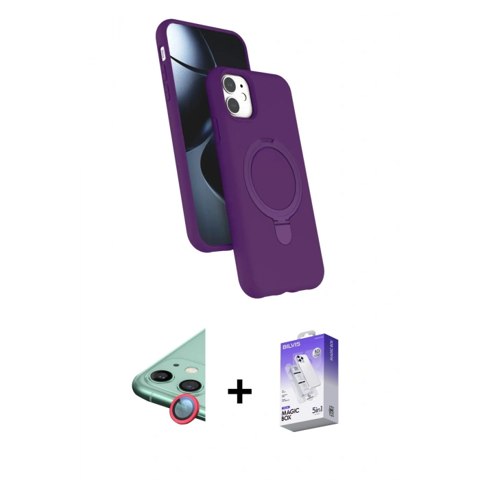 MARSİLYAN™- iPhone 11 Kılıf İz Işık Koleksiyonu - Siyah Bilvis 5in1 3D Magic Cam Ekran Koruyucu + Kırmızı Raze Metal Kamera Lens