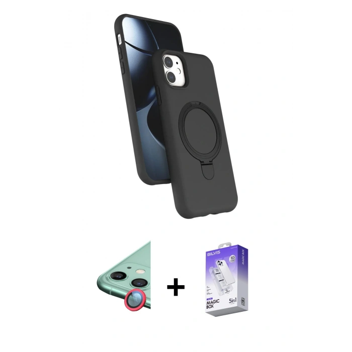 MARSİLYAN™- iPhone 11 Kılıf İz Işık Koleksiyonu - Siyah Bilvis 5in1 3D Magic Cam Ekran Koruyucu + Kırmızı Raze Metal Kamera Lens