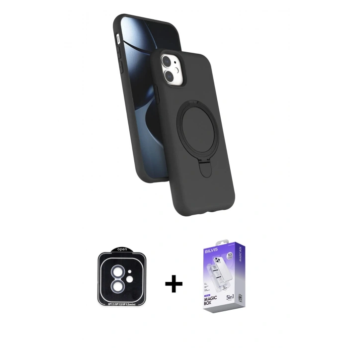 MARSİLYAN™- iPhone 11 Kılıf İz Işık Koleksiyonu - Siyah Bilvis 5in1 3D Magic Cam Ekran Koruyucu + PVD Metal Kamera Lens - MI