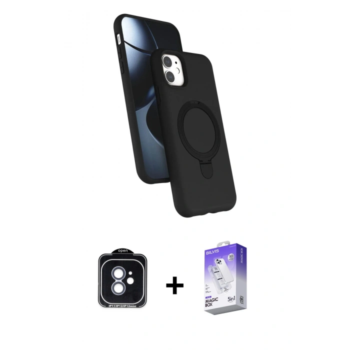 MARSİLYAN™- iPhone 11 Kılıf İz Işık Koleksiyonu - Siyah Bilvis 5in1 3D Magic Cam Ekran Koruyucu + PVD Metal Kamera Lens - MI