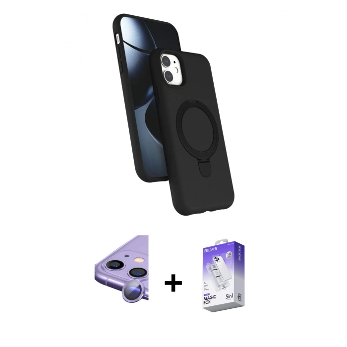 MARSİLYAN™- iPhone 11 Kılıf İz Işık Koleksiyonu - Siyah Bilvis 5in1 3D Magic Cam Ekran Koruyucu + Raze Metal Kamera Lens - MR