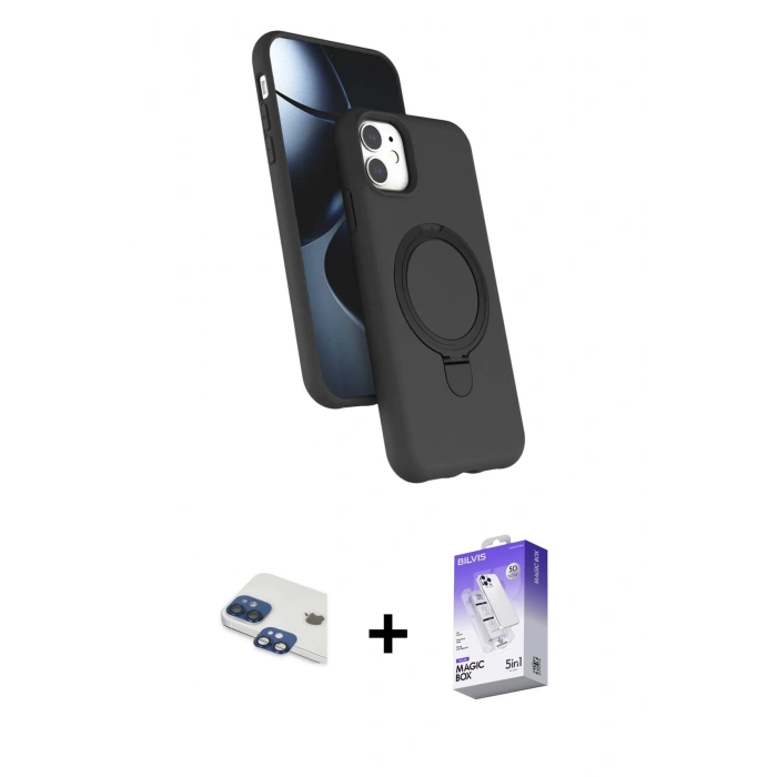 MARSİLYAN™- iPhone 11 Kılıf İz Işık Koleksiyonu - Siyah Bilvis 5in1 3D Magic Cam Ekran Koruyucu + Pers Alüminyum Kamera Lens - LT
