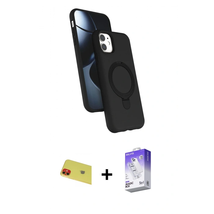 MARSİLYAN™- iPhone 11 Kılıf İz Işık Koleksiyonu - Siyah Bilvis 5in1 3D Magic Cam Ekran Koruyucu + Rainbow Kamera Lens Koruma Cam - KI