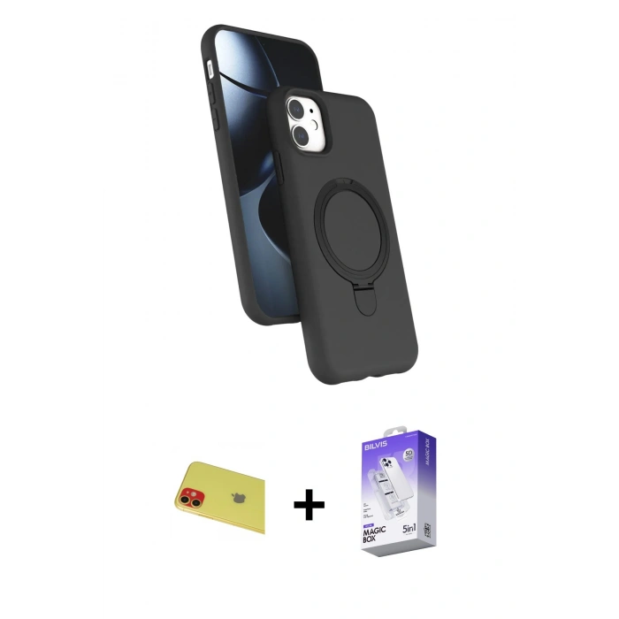 MARSİLYAN™- iPhone 11 Kılıf İz Işık Koleksiyonu - Siyah Bilvis 5in1 3D Magic Cam Ekran Koruyucu + Rainbow Kamera Lens Koruma Cam - KI