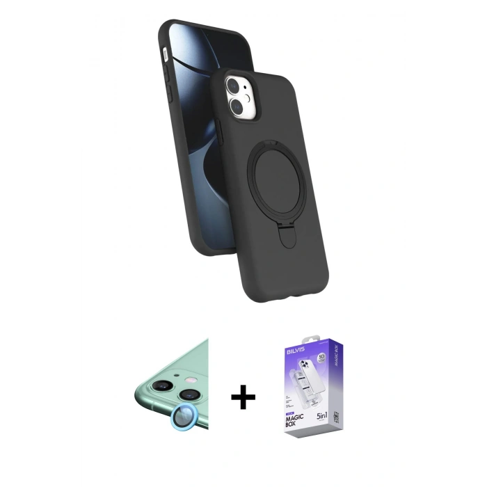MARSİLYAN™- iPhone 11 Kılıf İz Işık Koleksiyonu - Siyah Bilvis 5in1 3D Magic Cam Ekran Koruyucu + Raze Metal Kamera Lens - MI