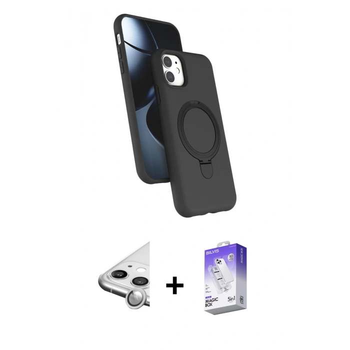 MARSİLYAN™- iPhone 11 Kılıf İz Işık Koleksiyonu - Siyah Bilvis 5in1 3D Magic Cam Ekran Koruyucu + Raze Metal Kamera Lens - GS