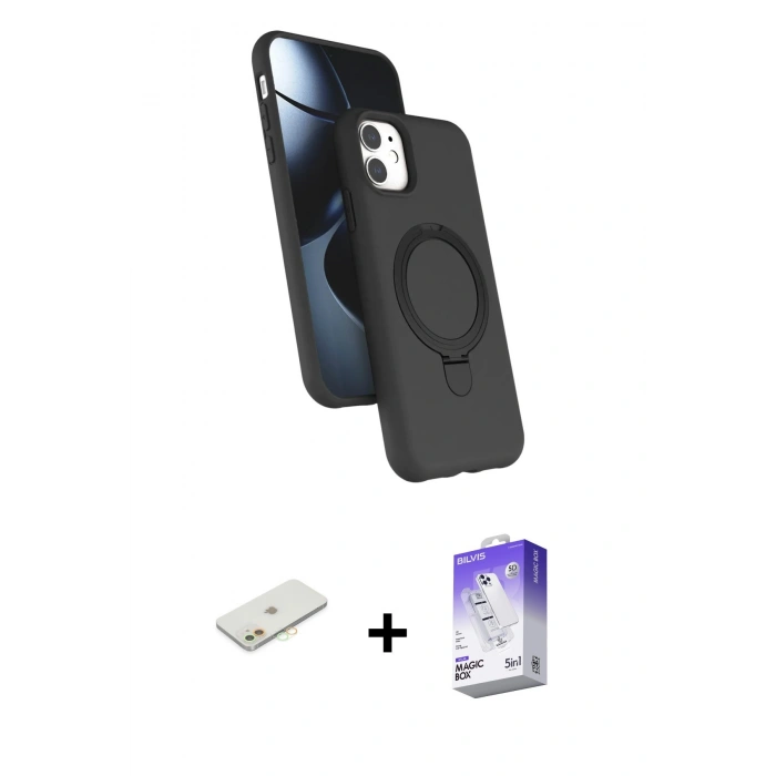 MARSİLYAN™- iPhone 11 Kılıf İz Işık Koleksiyonu - Siyah Bilvis 5in1 3D Magic Cam Ekran Koruyucu + Renkli Kamera Lens Koruma Cam - TU