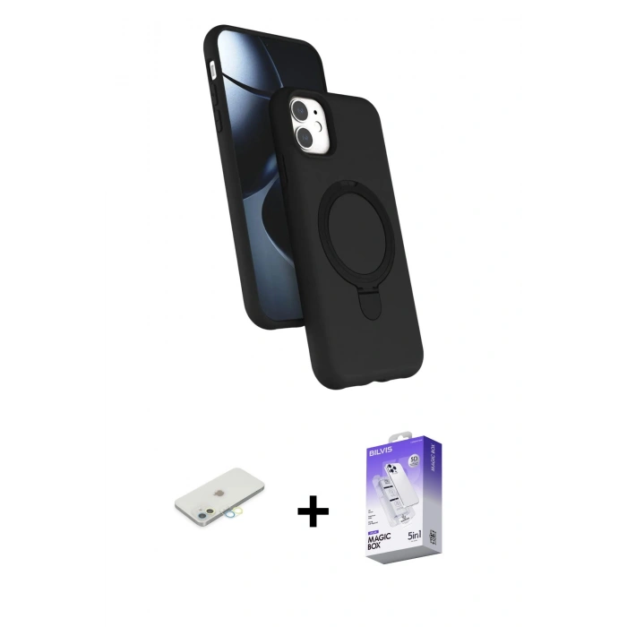 MARSİLYAN™- iPhone 11 Kılıf İz Işık Koleksiyonu - Siyah Bilvis 5in1 3D Magic Cam Ekran Koruyucu + Renkli Kamera Lens Koruma Cam - SI