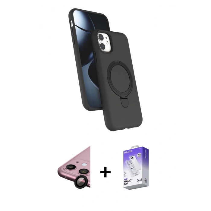 MARSİLYAN™- iPhone 11 Kılıf İz Işık Koleksiyonu - Siyah Bilvis 5in1 3D Magic Cam Ekran Koruyucu + Raze Metal Kamera Lens - SH