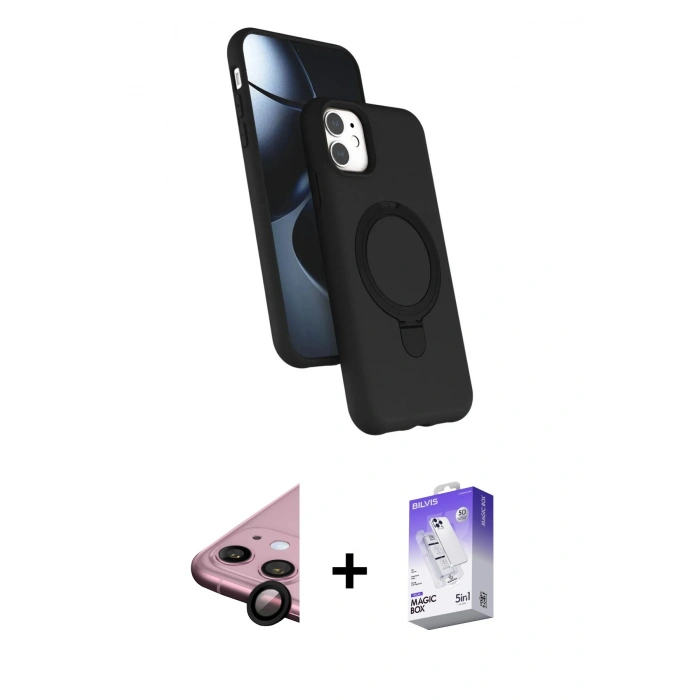 MARSİLYAN™- iPhone 11 Kılıf İz Işık Koleksiyonu - Siyah Bilvis 5in1 3D Magic Cam Ekran Koruyucu + Raze Metal Kamera Lens - SH