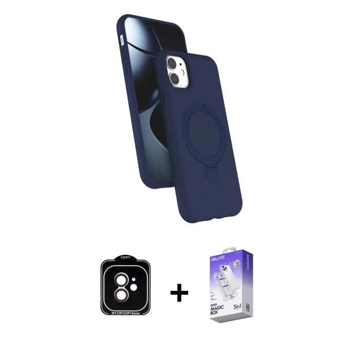 MARSİLYAN™- iPhone 11 Kılıf İz Işık Koleksiyonu - Siyah Bilvis 5in1 3D Magic Cam Ekran Koruyucu + Turuncu PVD Metal Kamera Lens