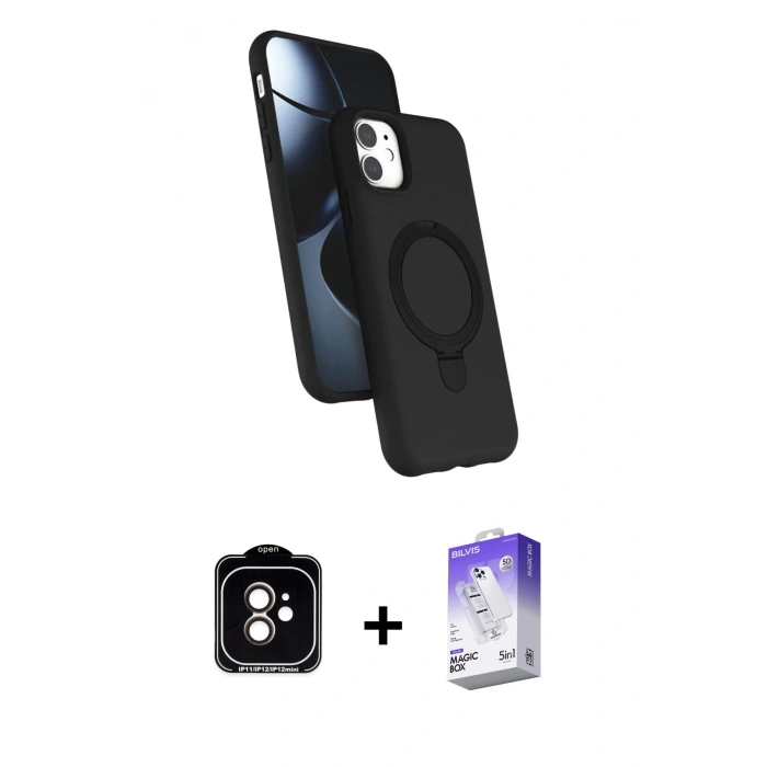 MARSİLYAN™- iPhone 11 Kılıf İz Işık Koleksiyonu - Siyah Bilvis 5in1 3D Magic Cam Ekran Koruyucu + Turuncu PVD Metal Kamera Lens