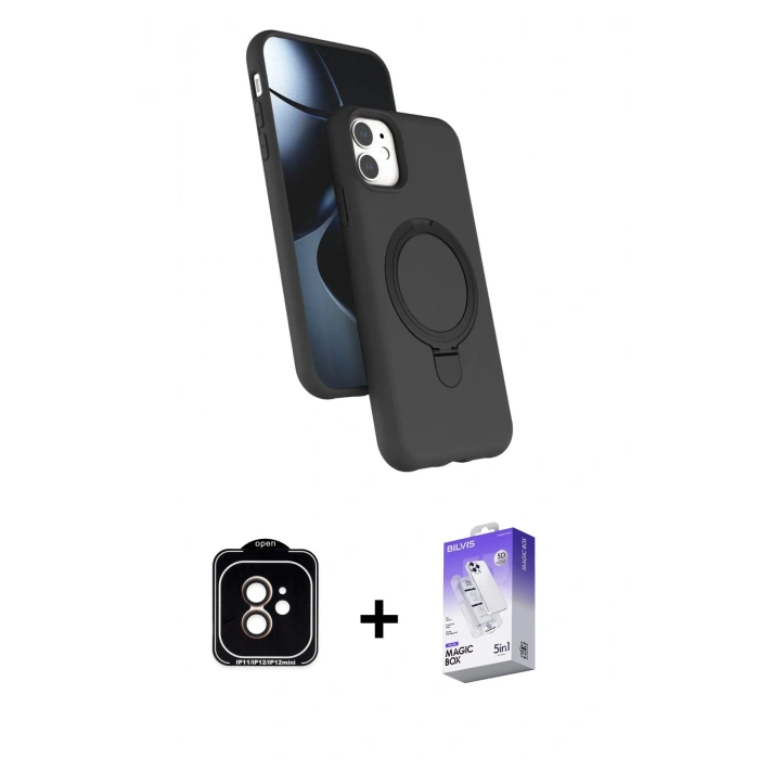 MARSİLYAN™- iPhone 11 Kılıf İz Işık Koleksiyonu - Siyah Bilvis 5in1 3D Magic Cam Ekran Koruyucu + Turuncu PVD Metal Kamera Lens