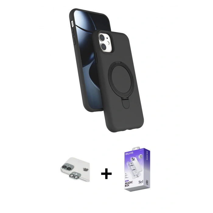 MARSİLYAN™- iPhone 11 Kılıf İz Işık Koleksiyonu - Siyah Bilvis 5in1 3D Magic Cam Ekran Koruyucu + Pers Alüminyum Kamera Lens - YL
