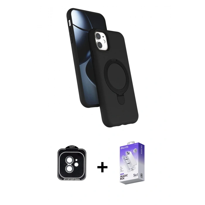MARSİLYAN™- iPhone 11 Kılıf İz Işık Koleksiyonu - Siyah Bilvis 5in1 3D Magic Cam Ekran Koruyucu + PVD Metal Kamera Lens - YL