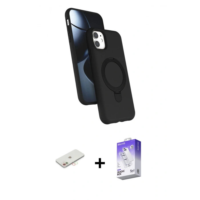 MARSİLYAN™- iPhone 11 Kılıf İz Işık Koleksiyonu - Siyah Bilvis 5in1 3D Magic Cam Ekran Koruyucu + Renkli Kamera Lens Koruma Cam - YL