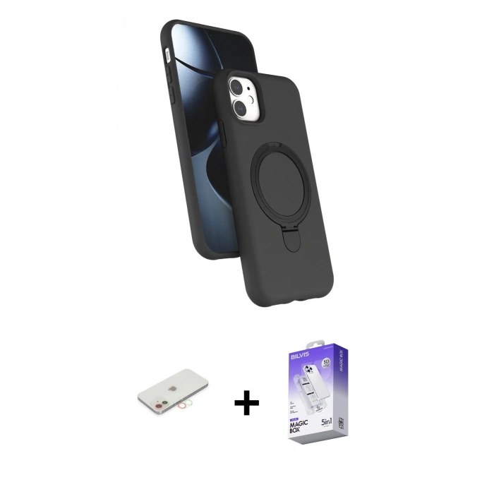 MARSİLYAN™- iPhone 11 Kılıf İz Işık Koleksiyonu - Siyah Bilvis 5in1 3D Magic Cam Ekran Koruyucu + Renkli Kamera Lens Koruma Cam - YL