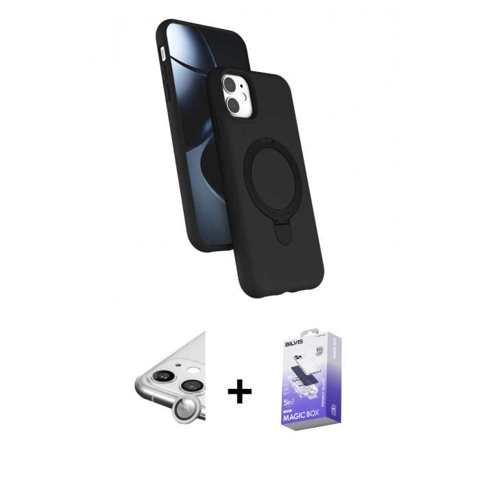 MARSİLYAN™- iPhone 11 Kılıf İz Işık Koleksiyonu - Siyah Bilvis 5in1 5D Magic Hayalet Cam Ekran Koruyucu + Raze Metal Kamera Lens - GS