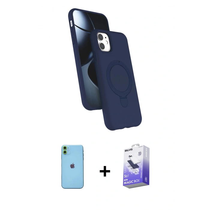MARSİLYAN™- iPhone 11 Kılıf İz Işık Koleksiyonu - Siyah Bilvis 5in1 5D Magic Hayalet Cam Ekran Koruyucu + Yeşil Neon Fosforlu Kamera Lens
