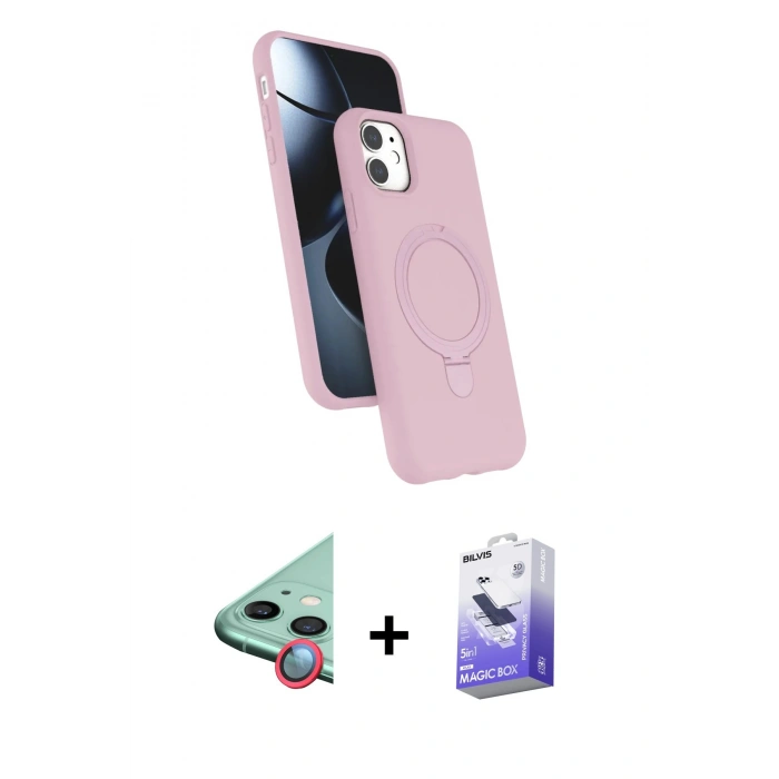 MARSİLYAN™- iPhone 11 Kılıf İz Işık Koleksiyonu - Siyah Bilvis 5in1 5D Magic Hayalet Cam Ekran Koruyucu + Kırmızı Raze Metal Kamera Lens