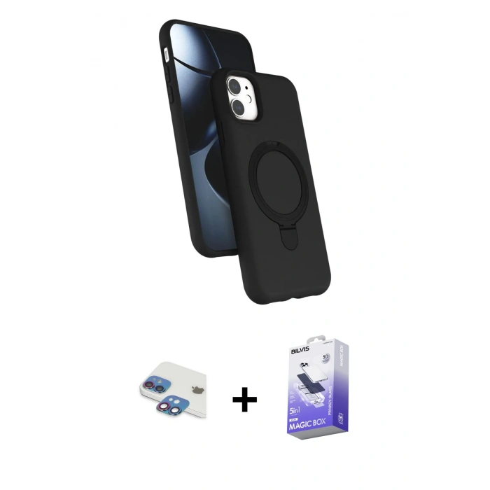 MARSİLYAN™- iPhone 11 Kılıf İz Işık Koleksiyonu - Siyah Bilvis 5in1 5D Magic Hayalet Cam Ekran Koruyucu + Pers Alüminyum Kamera Lens - GI