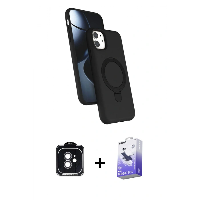 MARSİLYAN™- iPhone 11 Kılıf İz Işık Koleksiyonu - Siyah Bilvis 5in1 5D Magic Hayalet Cam Ekran Koruyucu + PVD Metal Kamera Lens - SH