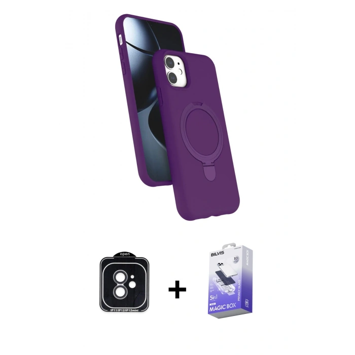MARSİLYAN™- iPhone 11 Kılıf İz Işık Koleksiyonu - Siyah Bilvis 5in1 5D Magic Hayalet Cam Ekran Koruyucu + PVD Metal Kamera Lens - SH