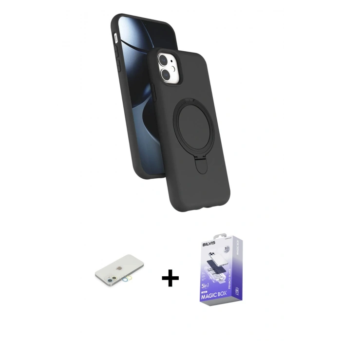 MARSİLYAN™- iPhone 11 Kılıf İz Işık Koleksiyonu - Siyah Bilvis 5in1 5D Magic Hayalet Cam Ekran Koruyucu + Renkli Kamera Lens Koruma Cam - SI