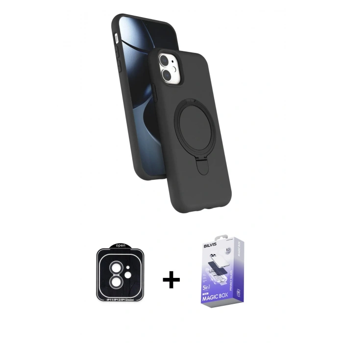 MARSİLYAN™- iPhone 11 Kılıf İz Işık Koleksiyonu - Siyah Bilvis 5in1 5D Magic Hayalet Cam Ekran Koruyucu + PVD Metal Kamera Lens - SH