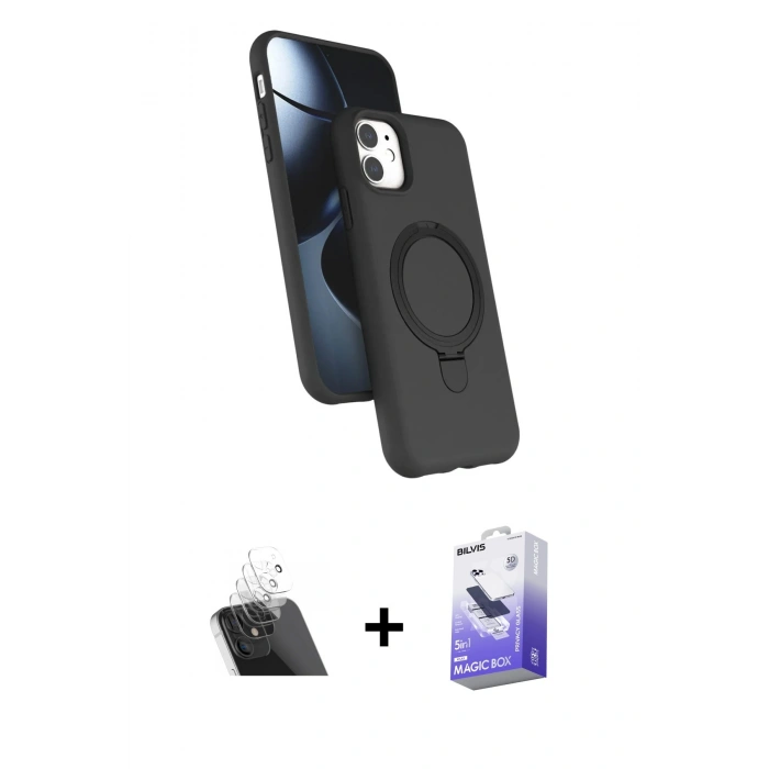 MARSİLYAN™- iPhone 11 Kılıf İz Işık Koleksiyonu - Siyah Bilvis 5in1 5D Magic Hayalet Cam Ekran Koruyucu + Kamera Lens Koruma Cam - SF