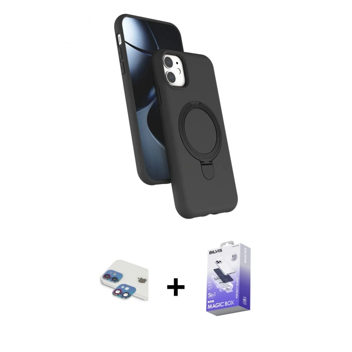 MARSİLYAN™- iPhone 11 Kılıf İz Işık Koleksiyonu - Siyah Bilvis 5in1 5D Magic Hayalet Cam Ekran Koruyucu + Pers Alüminyum Kamera Lens - GI
