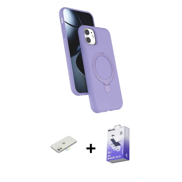 MARSİLYAN™- iPhone 11 Kılıf İz Işık Koleksiyonu - Siyah Bilvis 5in1 5D Magic Hayalet Cam Ekran Koruyucu + Renkli Kamera Lens Koruma Cam - SI