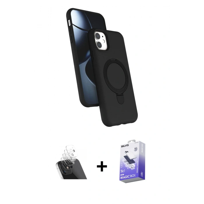 MARSİLYAN™- iPhone 11 Kılıf İz Işık Koleksiyonu - Siyah Bilvis 5in1 5D Magic Hayalet Cam Ekran Koruyucu + Kamera Lens Koruma Cam - SF
