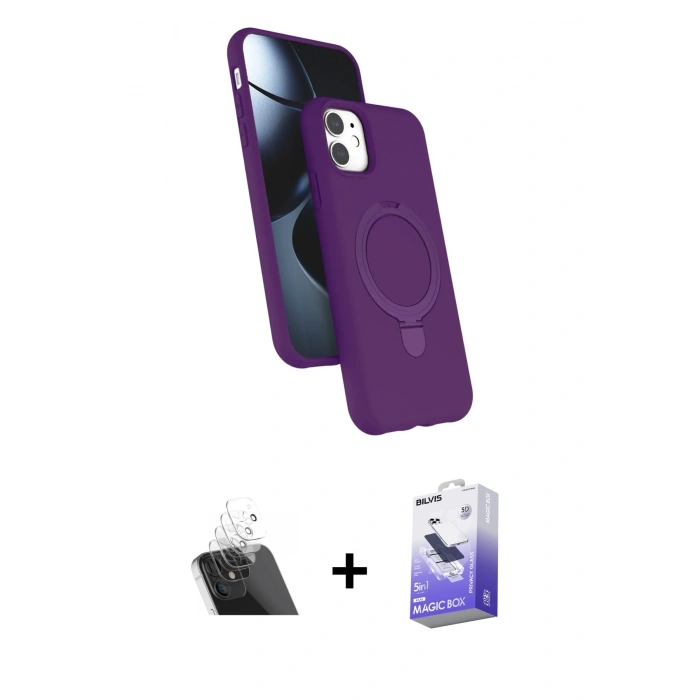 MARSİLYAN™- iPhone 11 Kılıf İz Işık Koleksiyonu - Siyah Bilvis 5in1 5D Magic Hayalet Cam Ekran Koruyucu + Kamera Lens Koruma Cam - SF