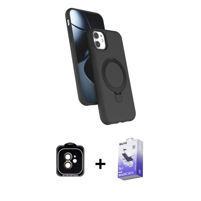 MARSİLYAN™- iPhone 11 Kılıf İz Işık Koleksiyonu - Siyah Bilvis 5in1 5D Magic Hayalet Cam Ekran Koruyucu + PVD Metal Kamera Lens - TU