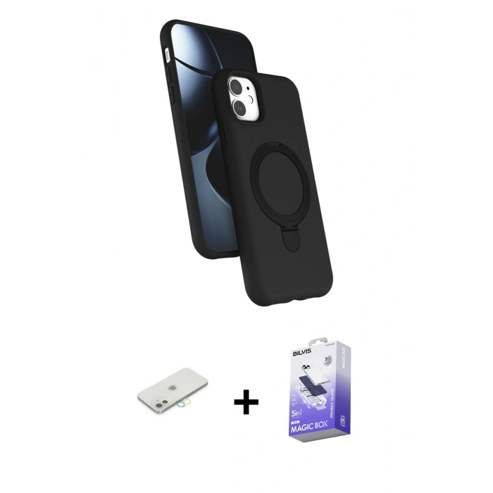 MARSİLYAN™- iPhone 11 Kılıf İz Işık Koleksiyonu - Siyah Bilvis 5in1 5D Magic Hayalet Cam Ekran Koruyucu + Renkli Kamera Lens Koruma Cam - SI
