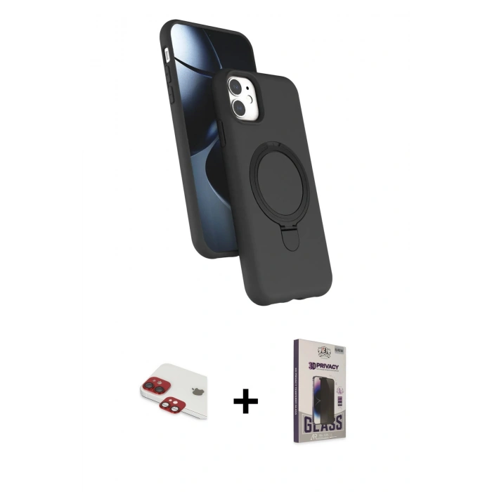 MARSİLYAN™- iPhone 11 Kılıf İz Işık Koleksiyonu - Siyah Bilvis Hayalet Cam Ekran Koruyucu + Pers Alüminyum Kamera Lens - KI