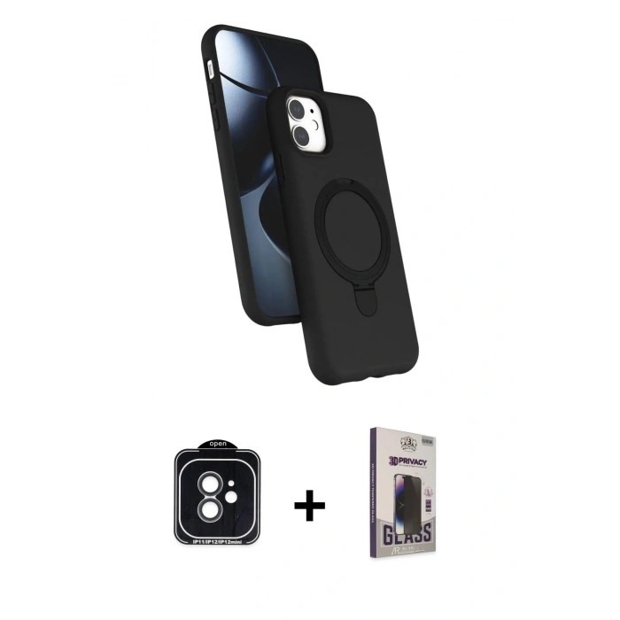 MARSİLYAN™- iPhone 11 Kılıf İz Işık Koleksiyonu - Siyah Bilvis Hayalet Cam Ekran Koruyucu + PVD Metal Kamera Lens - SH