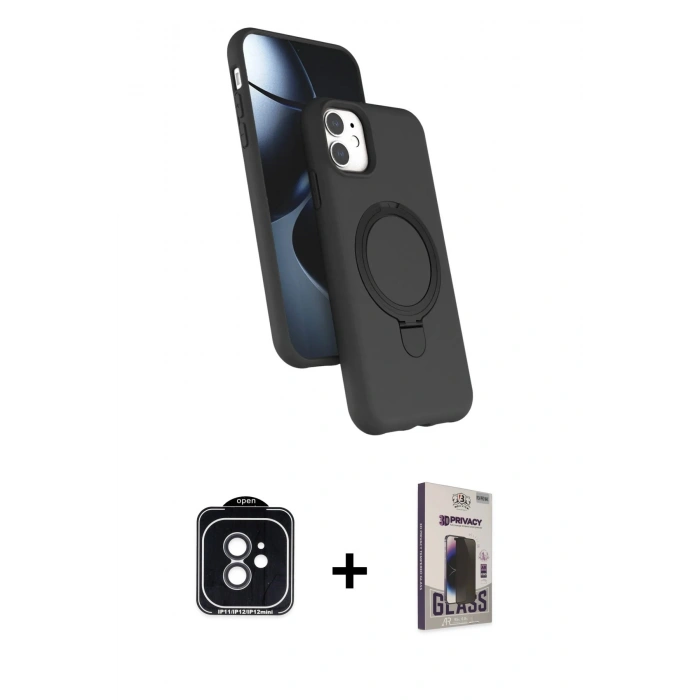 MARSİLYAN™- iPhone 11 Kılıf İz Işık Koleksiyonu - Siyah Bilvis Hayalet Cam Ekran Koruyucu + PVD Metal Kamera Lens - SH