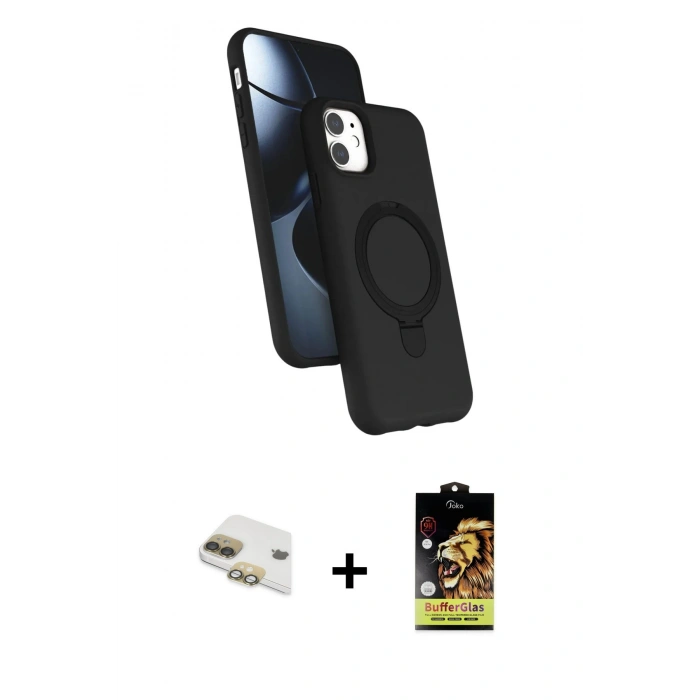MARSİLYAN™- iPhone 11 Kılıf İz Işık Koleksiyonu - Siyah Buffer Cam Ekran Koruyucu + Pers Alüminyum Kamera Lens - GD